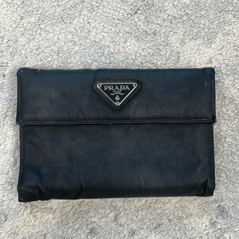 Prada Nylon Envelope Snap Wallet Black Designer Classic Everyday Triangle Plaque